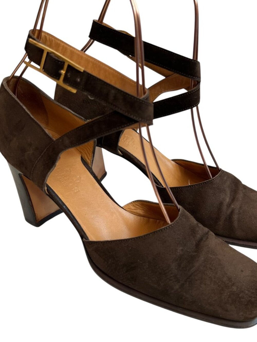 Vintage Hermes high heel shoes dark brown suede wrap around ankle strap 36.5